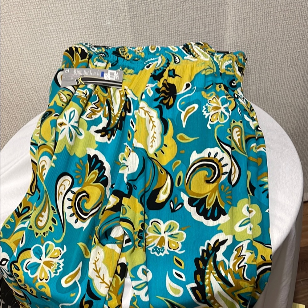 Floral Straight Leg Pants - Teal and Yellow